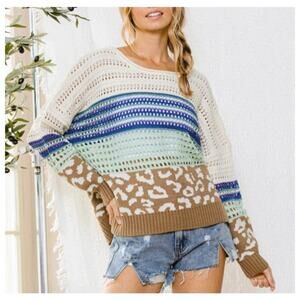 Ces Femme Women's Boho Open Knit Sweater Animal Print Stripes Mint Green Blue